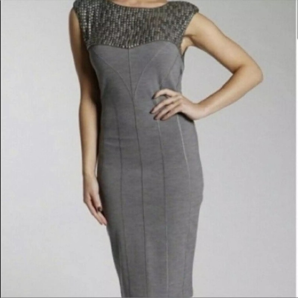 NEW TED BAKER Grey Lamu Studded Panel Wool Blend Bodycon Dress SZ 10
